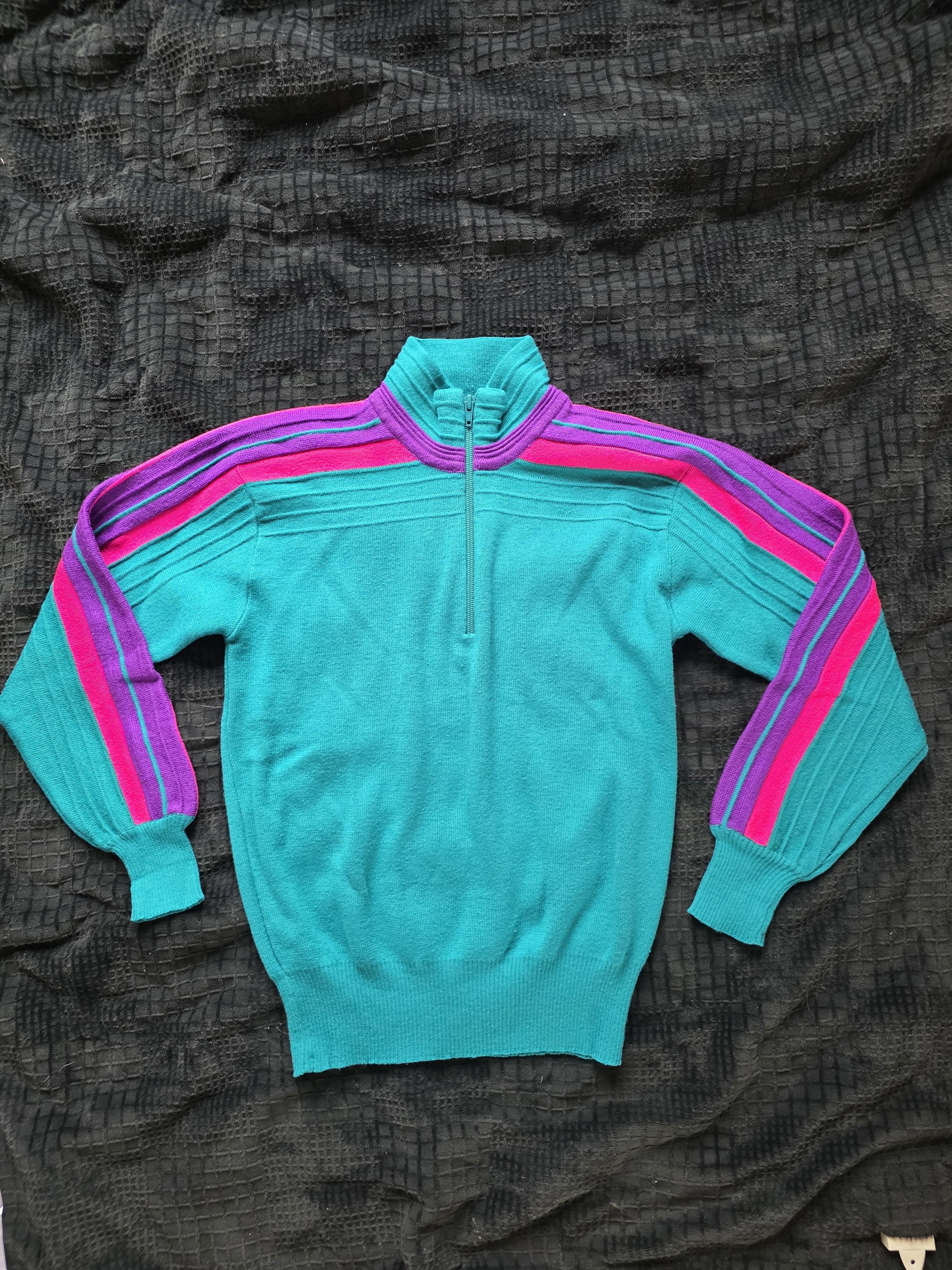 Vintage Meister 1/4 Zip Ski Sweater | 90s Neon Teal, Purple & Pink Wool Blend